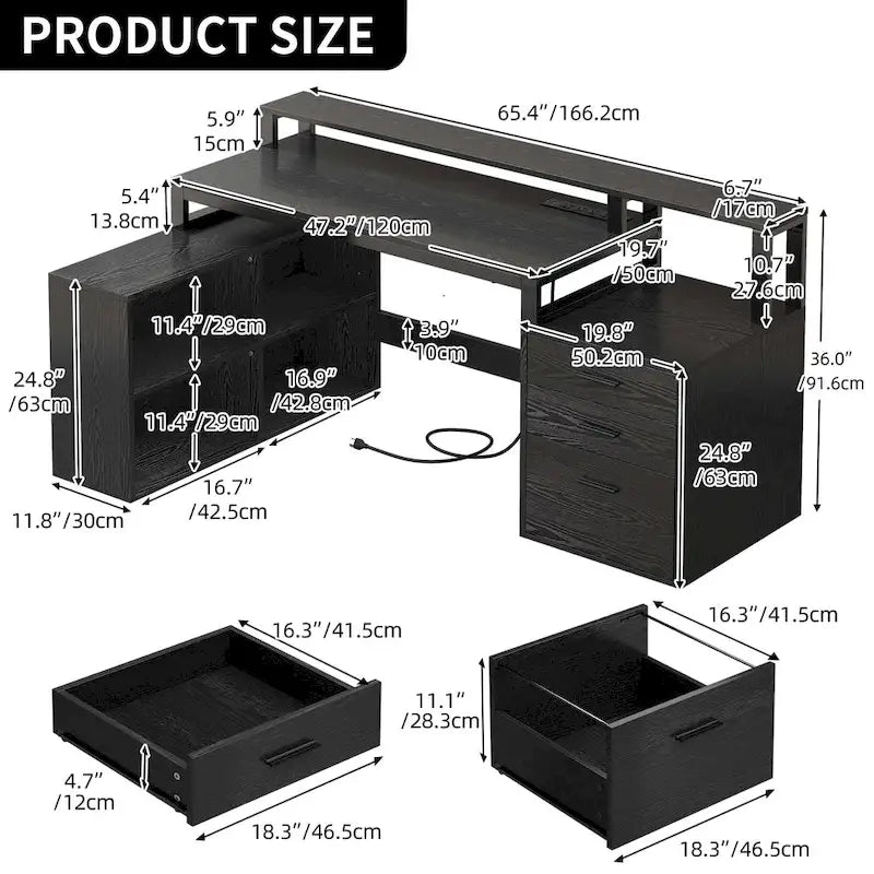 Bureau de jeu en L à LED, bureau d'angle pour ordinateur de 65 pouces avec support d'écran et armoire de rangement