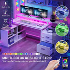Bureau de jeu en L à LED, bureau d'angle pour ordinateur de 65 pouces avec support d'écran et armoire de rangement