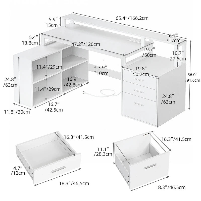 Bureau de jeu en L à LED, bureau d'angle pour ordinateur de 65 pouces avec support d'écran et armoire de rangement