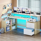 Bureau de jeu en L à LED, bureau d'angle pour ordinateur de 65 pouces avec support d'écran et armoire de rangement