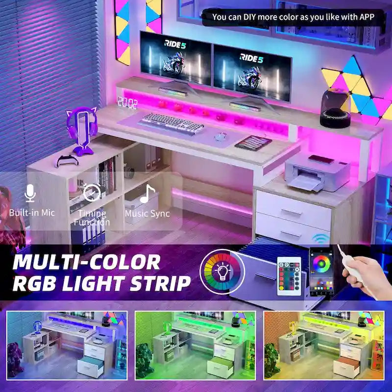 Bureau de jeu en L à LED, bureau d'angle pour ordinateur de 65 pouces avec support d'écran et armoire de rangement