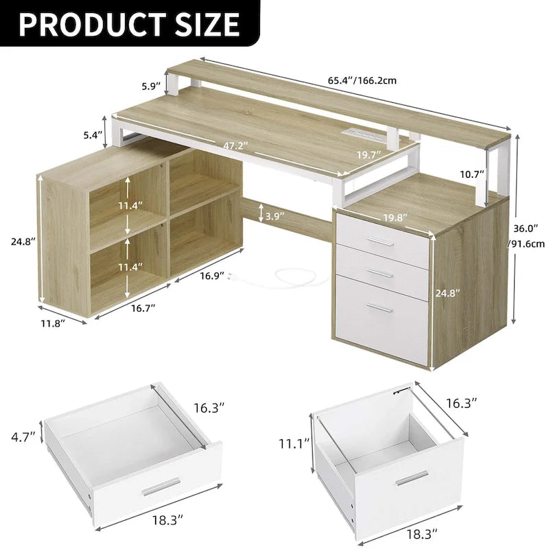 Bureau de jeu en L à LED, bureau d'angle pour ordinateur de 65 pouces avec support d'écran et armoire de rangement