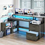 Bureau de jeu en L à LED, bureau d'angle pour ordinateur de 65 pouces avec support d'écran et armoire de rangement