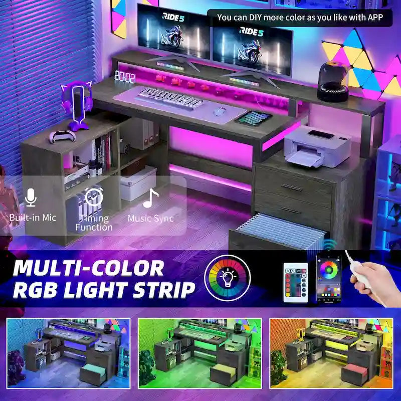 Bureau de jeu en L à LED, bureau d'angle pour ordinateur de 65 pouces avec support d'écran et armoire de rangement