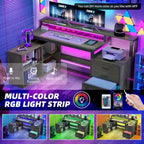 Bureau de jeu en L à LED, bureau d'angle pour ordinateur de 65 pouces avec support d'écran et armoire de rangement