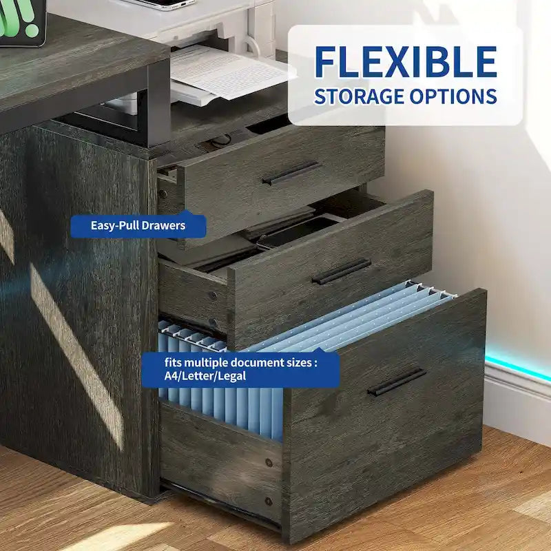 Bureau de jeu en L à LED, bureau d'angle pour ordinateur de 65 pouces avec support d'écran et armoire de rangement