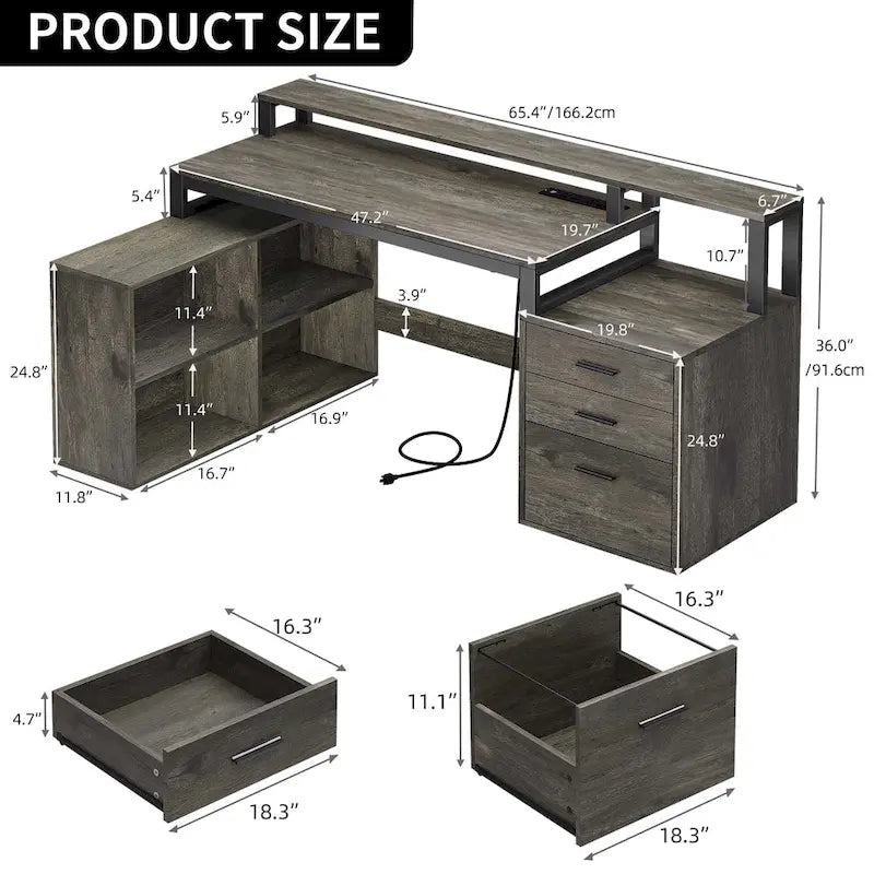 Bureau de jeu en L à LED, bureau d'angle pour ordinateur de 65 pouces avec support d'écran et armoire de rangement