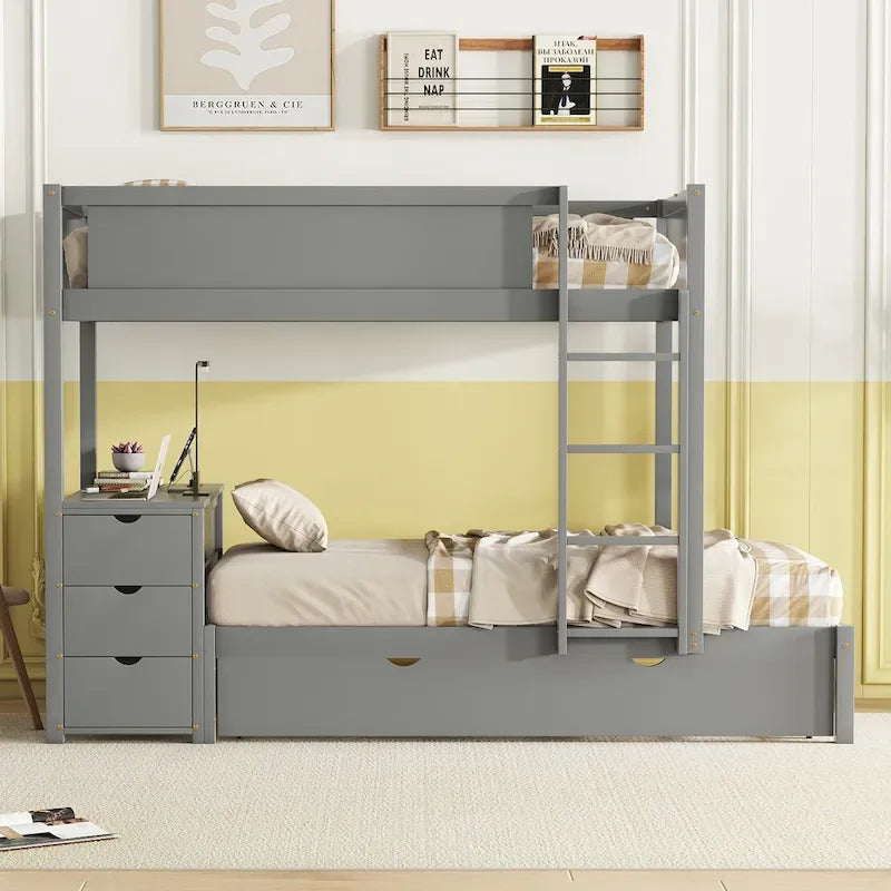Lit superposé jumeau sur jumeau avec lit gigogne double, rangement et bureau, gris