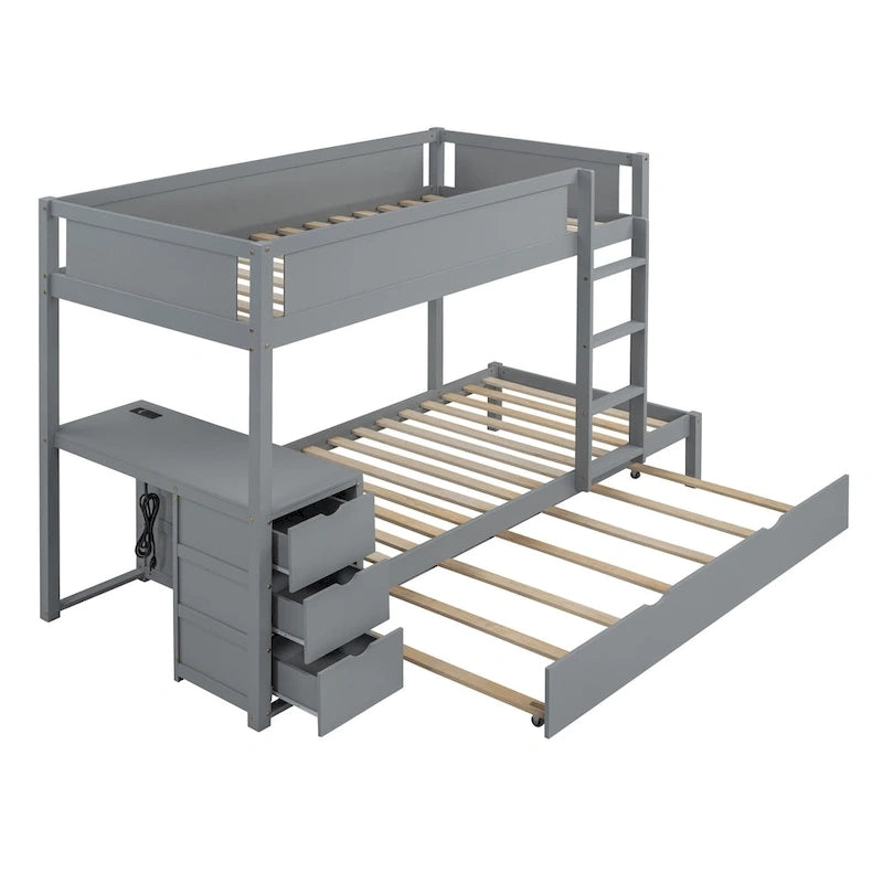 Lit superposé jumeau sur jumeau avec lit gigogne double, rangement et bureau, gris