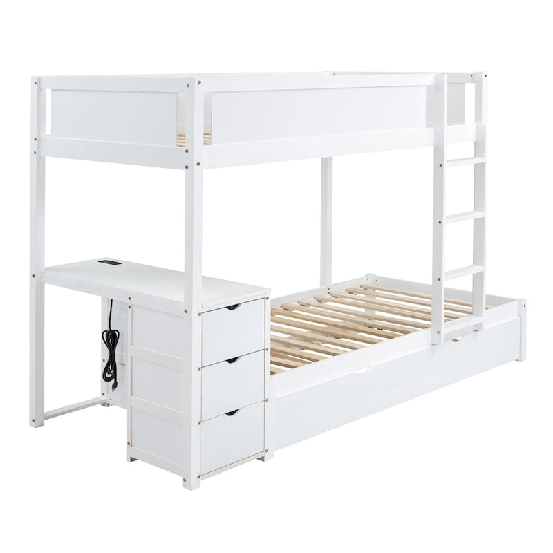 Lit superposé jumeau sur jumeau avec lit gigogne double, rangement et bureau, gris