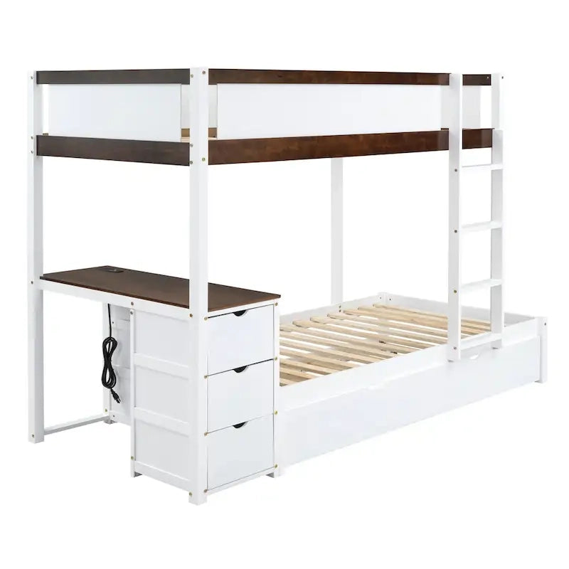 Lit superposé jumeau sur jumeau avec lit gigogne double, rangement et bureau, gris