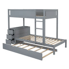 Lit superposé jumeau sur jumeau avec lit gigogne double, rangement et bureau, gris