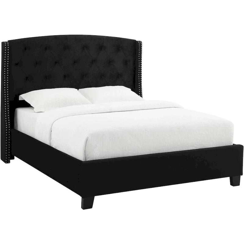 Lit double Elle, profil bas, tête de lit capitonnée noire