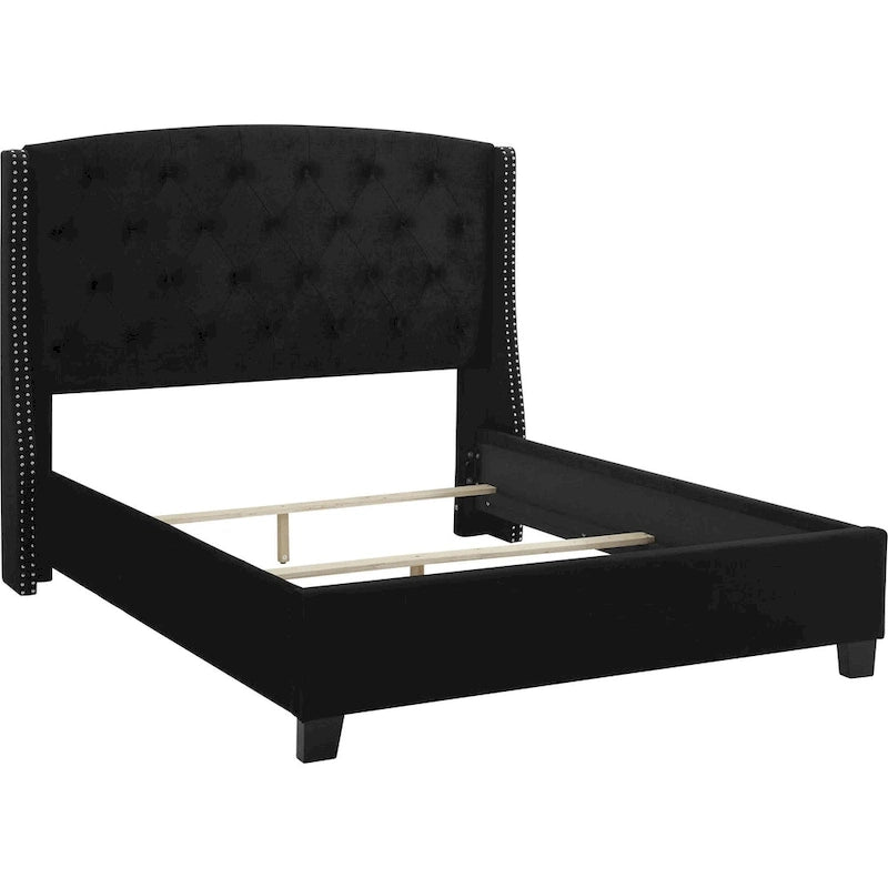 Lit double Elle, profil bas, tête de lit capitonnée noire