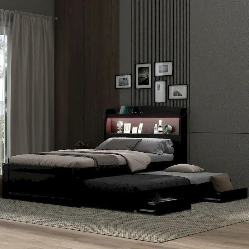 Lit plateforme Twin XL avec rangement et tête de lit LED, station de charge, lit gigogne simple et 2 tiroirs