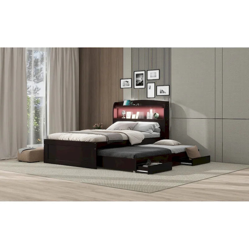 Lit plateforme Twin XL avec rangement et tête de lit LED, station de charge, lit gigogne simple et 2 tiroirs