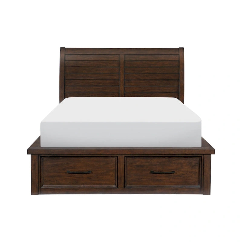 Lit plate-forme Daisy Queen, 6 tiroirs de rangement, poignées métalliques, bois marron
