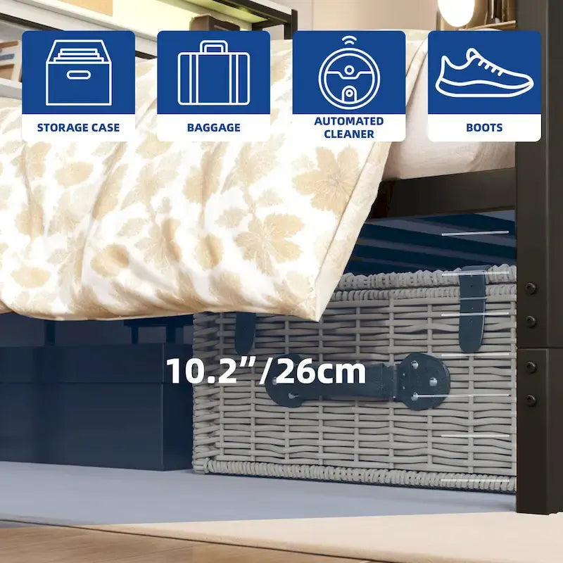 Cadre de lit double avec LED et station de recharge, rangement de tête de lit en métal et ports USB, lumières de ferme