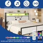Cadre de lit double avec LED et station de recharge, rangement de tête de lit en métal et ports USB, lumières de ferme