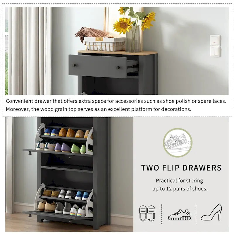 Meuble à chaussures avec plateau aspect bois et 2 tiroirs basculants à panneau réglable