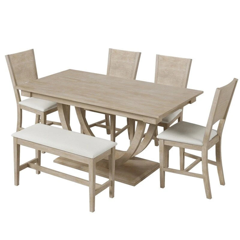Ensemble de salle à manger 6 pièces demi-rond en bois avec longue banquette et 4 chaises de salle à manger, style moderne