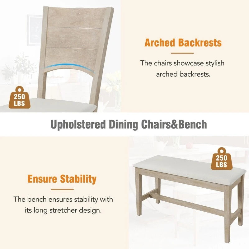Ensemble de salle à manger 6 pièces demi-rond en bois avec longue banquette et 4 chaises de salle à manger, style moderne