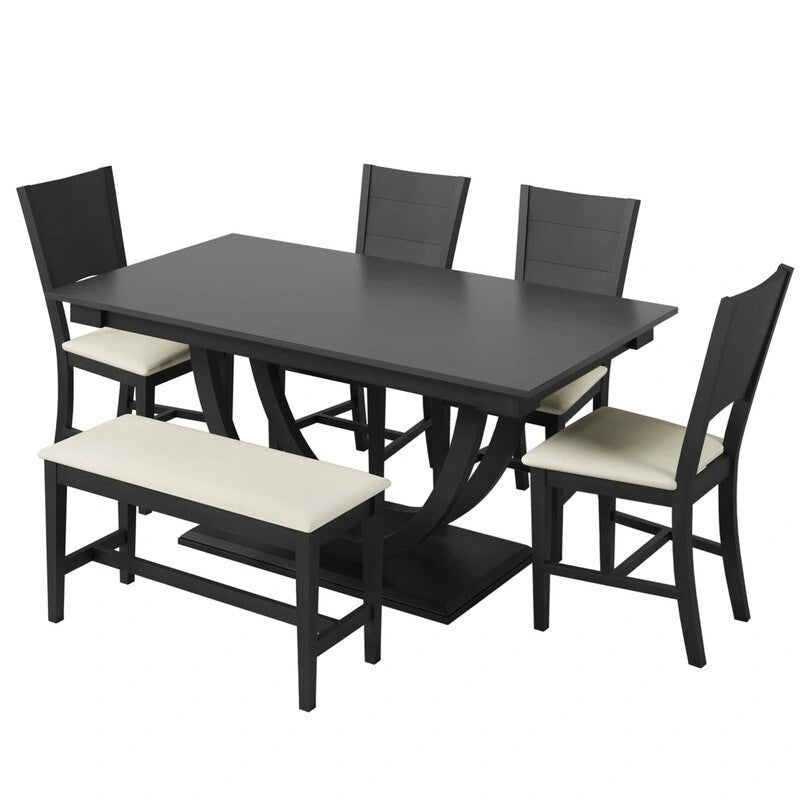 Ensemble de salle à manger 6 pièces demi-rond en bois avec longue banquette et 4 chaises de salle à manger, style moderne