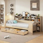 Lit de repos double en bois avec étagères de rangement, 2 tiroirs et bureau d'étude