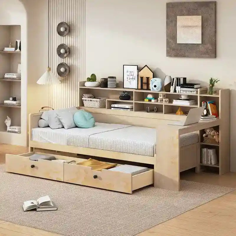Lit de repos double en bois avec étagères de rangement, 2 tiroirs et bureau d'étude