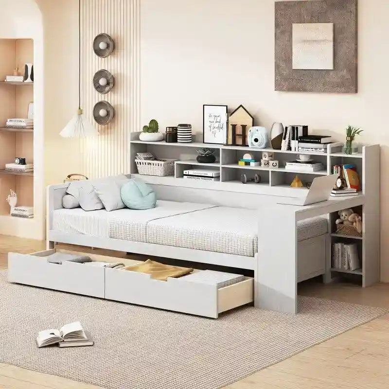 Lit de repos double en bois avec étagères de rangement, 2 tiroirs et bureau d'étude