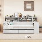 Lit de repos double en bois avec étagères de rangement, 2 tiroirs et bureau d'étude