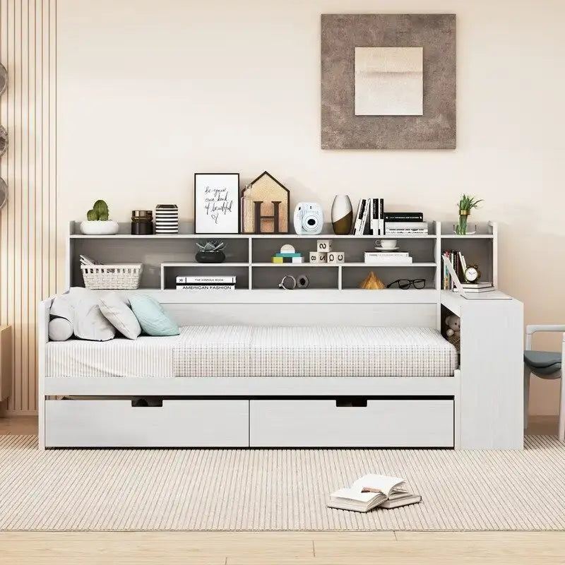 Lit de repos double en bois avec étagères de rangement, 2 tiroirs et bureau d'étude