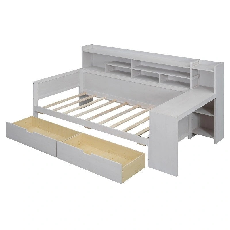 Lit de repos double en bois avec étagères de rangement, 2 tiroirs et bureau d'étude