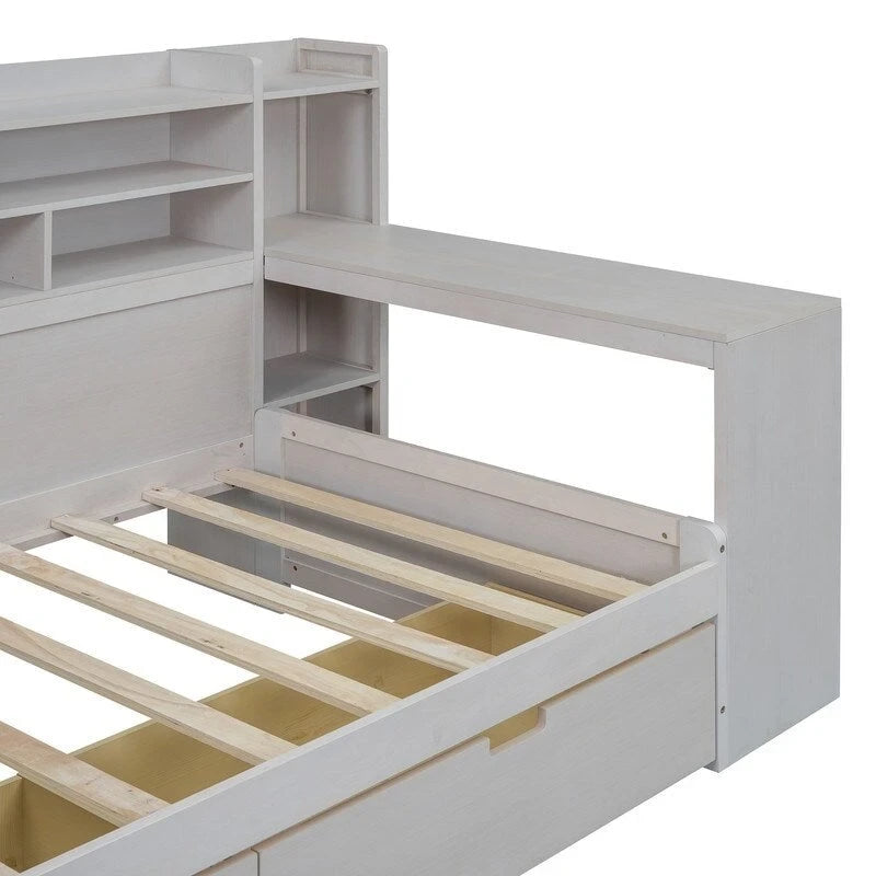 Lit de repos double en bois avec étagères de rangement, 2 tiroirs et bureau d'étude
