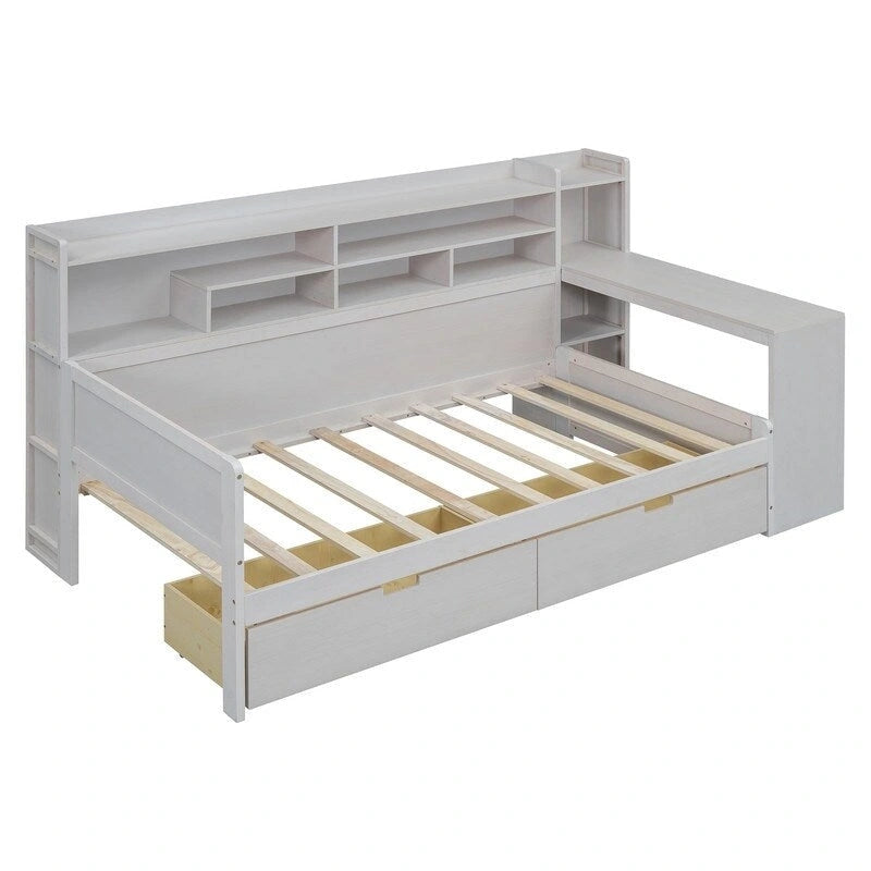 Lit de repos double en bois avec étagères de rangement, 2 tiroirs et bureau d'étude