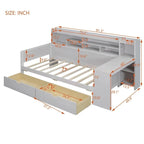 Lit de repos double en bois avec étagères de rangement, 2 tiroirs et bureau d'étude