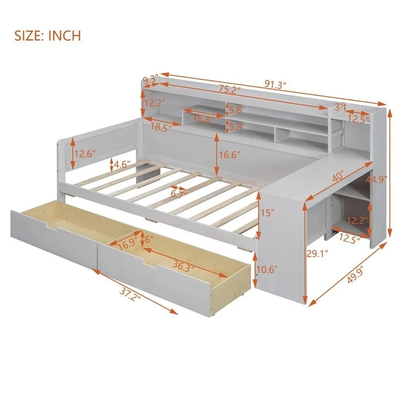 Lit de repos double en bois avec étagères de rangement, 2 tiroirs et bureau d'étude