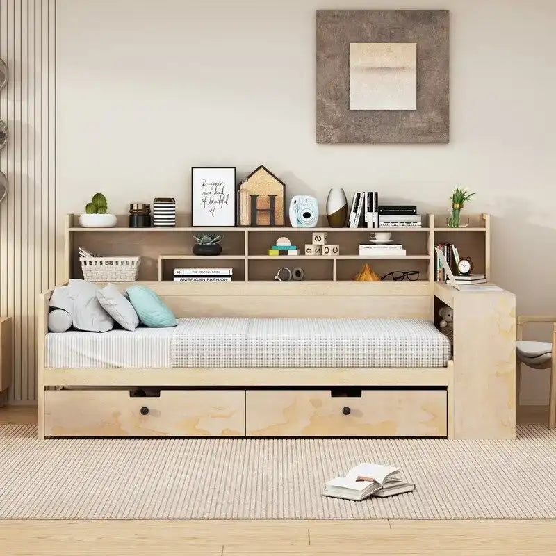 Lit de repos double en bois avec étagères de rangement, 2 tiroirs et bureau d'étude