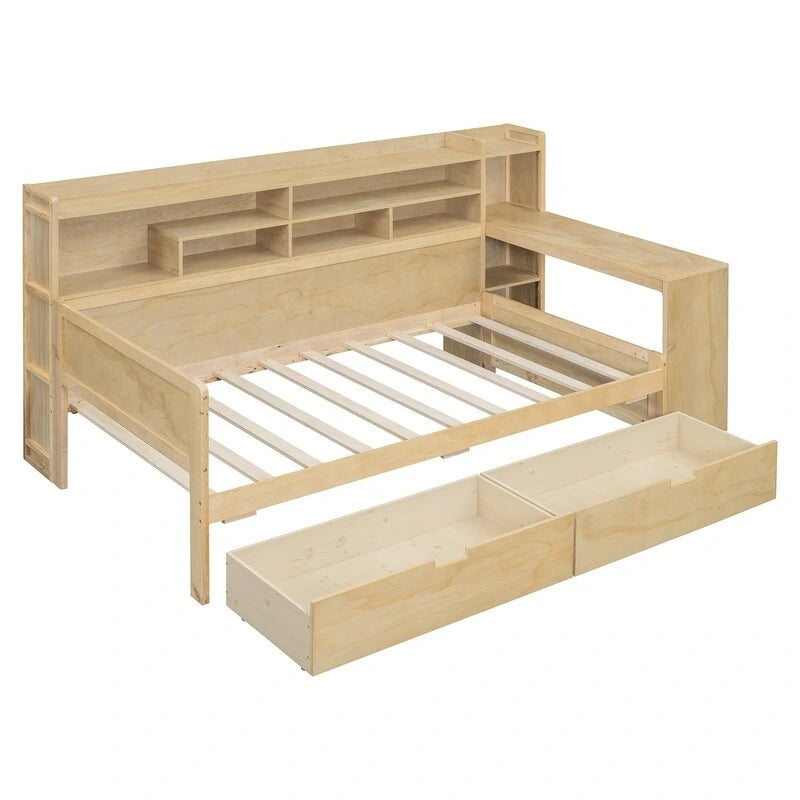 Lit de repos double en bois avec étagères de rangement, 2 tiroirs et bureau d'étude