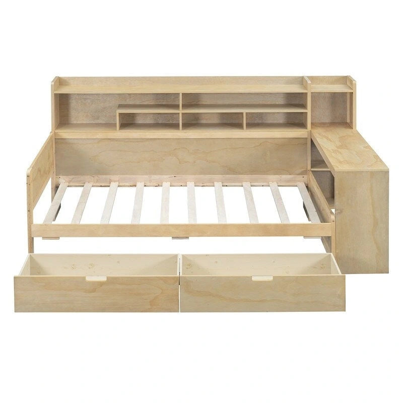 Lit de repos double en bois avec étagères de rangement, 2 tiroirs et bureau d'étude
