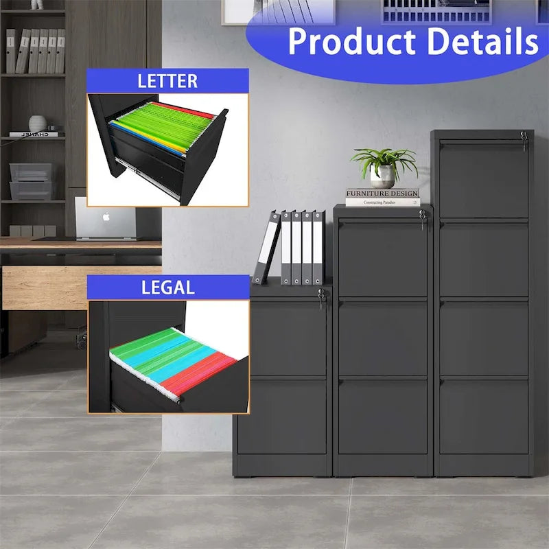 Classeur vertical à 3 tiroirs avec serrure, armoire de classement en acier pour bureau/domicile