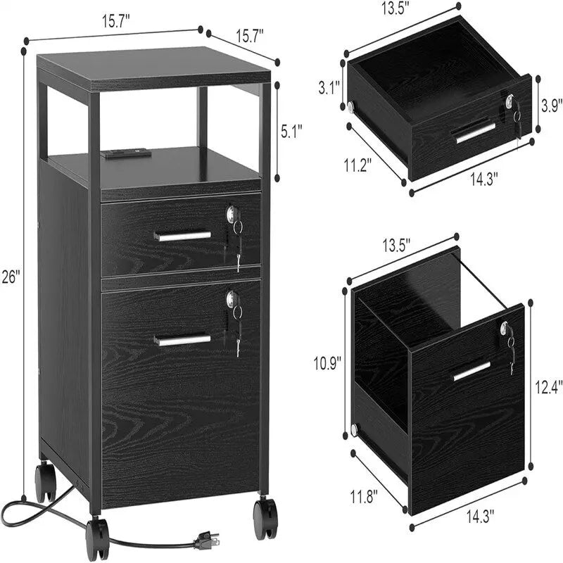 Classeur à Roulettes avec Station de Recharge et Serrure, 2 Tiroirs - 40 P x 40 L x 66 H cm