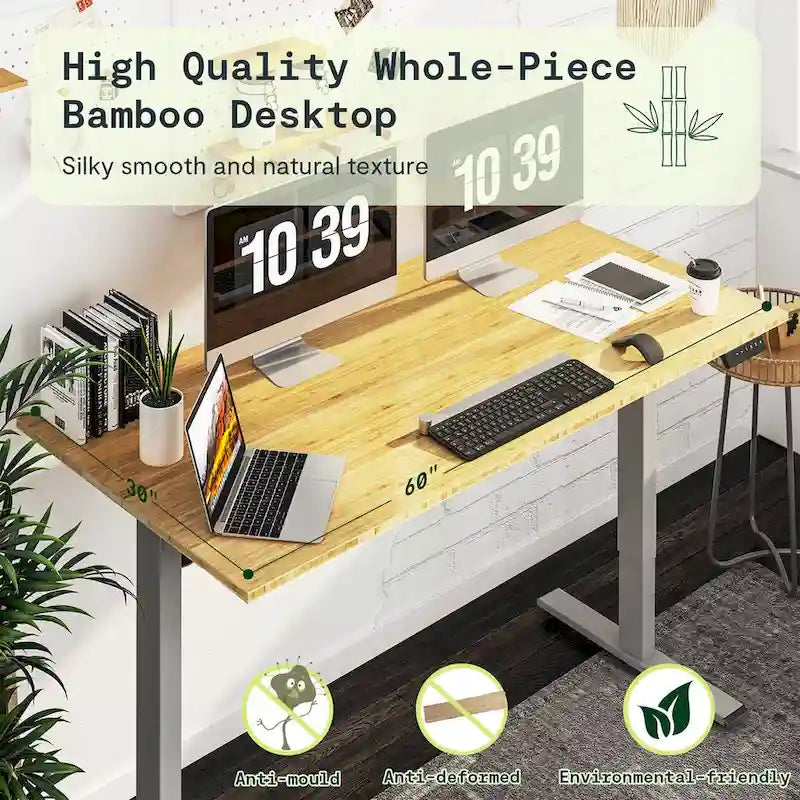 Bureau assis-debout électrique ergonomique en bambou massif